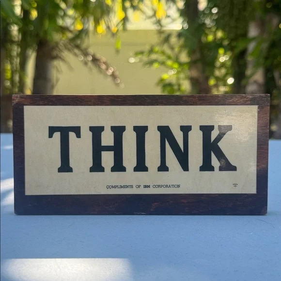 Vtg 1960's Wood Wooden Double Sided Think Desk Plaque Slogan Compliments of IBM - Picture 2 of 3